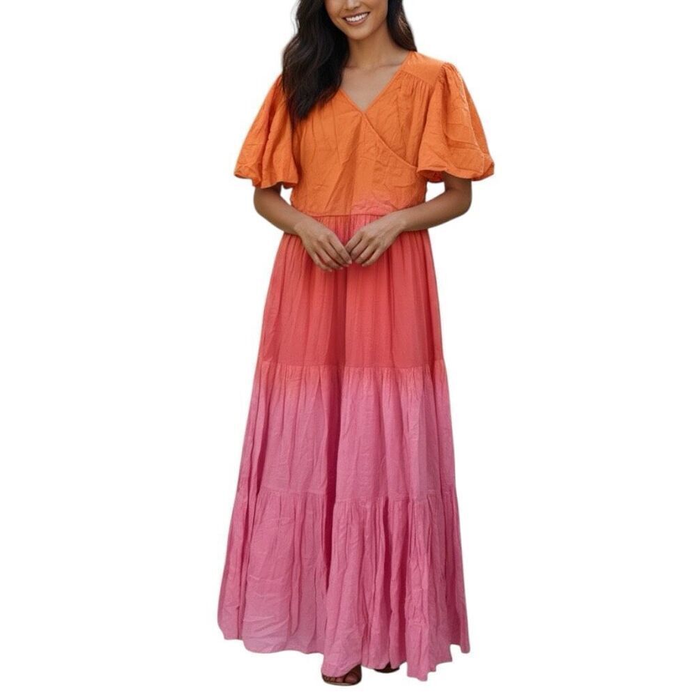 NWT Ivy City Pink Orange Ombre Flutter Sleeve Sunset Tiered Maxi Dress XL